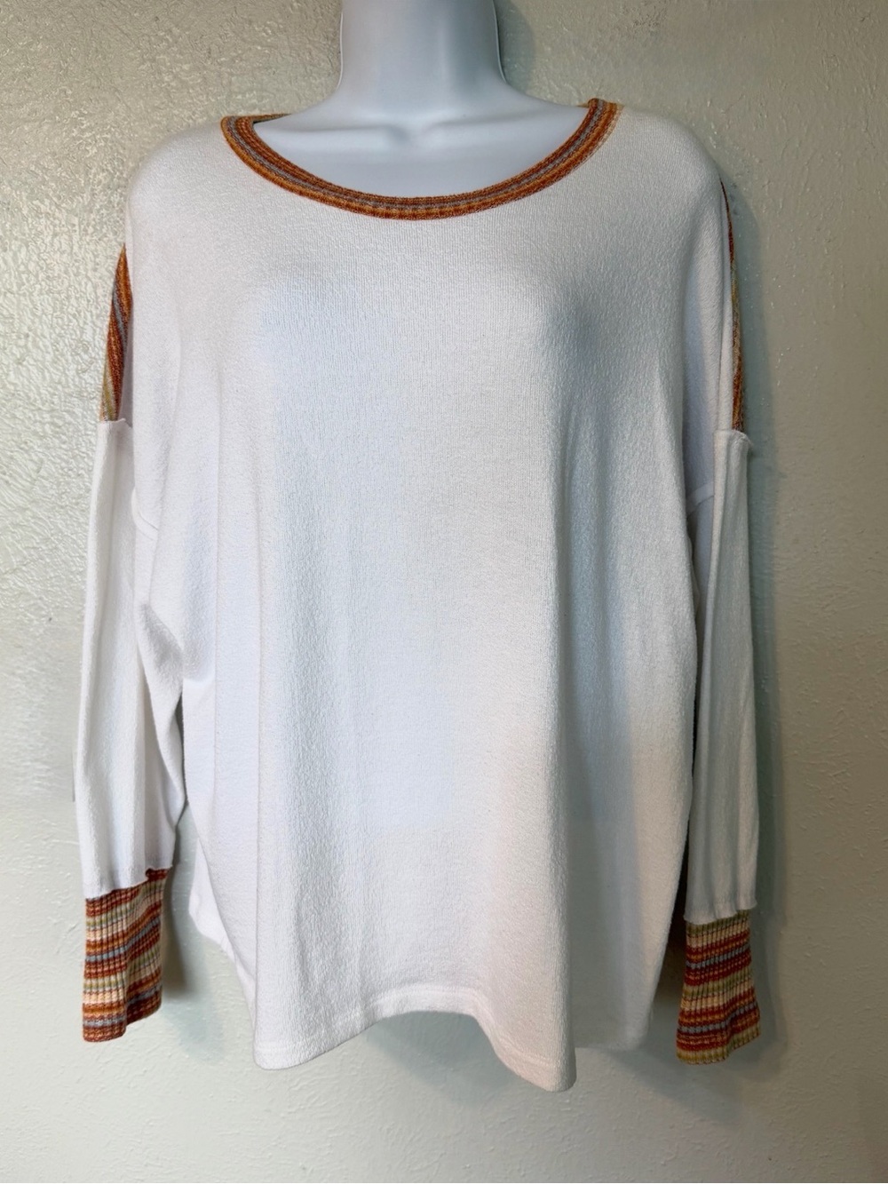Lulus Ivory Pullover Knit Top w/ Contrast‎ Grunge Vintage Striped Trim Sz S - Picture 8 of 17